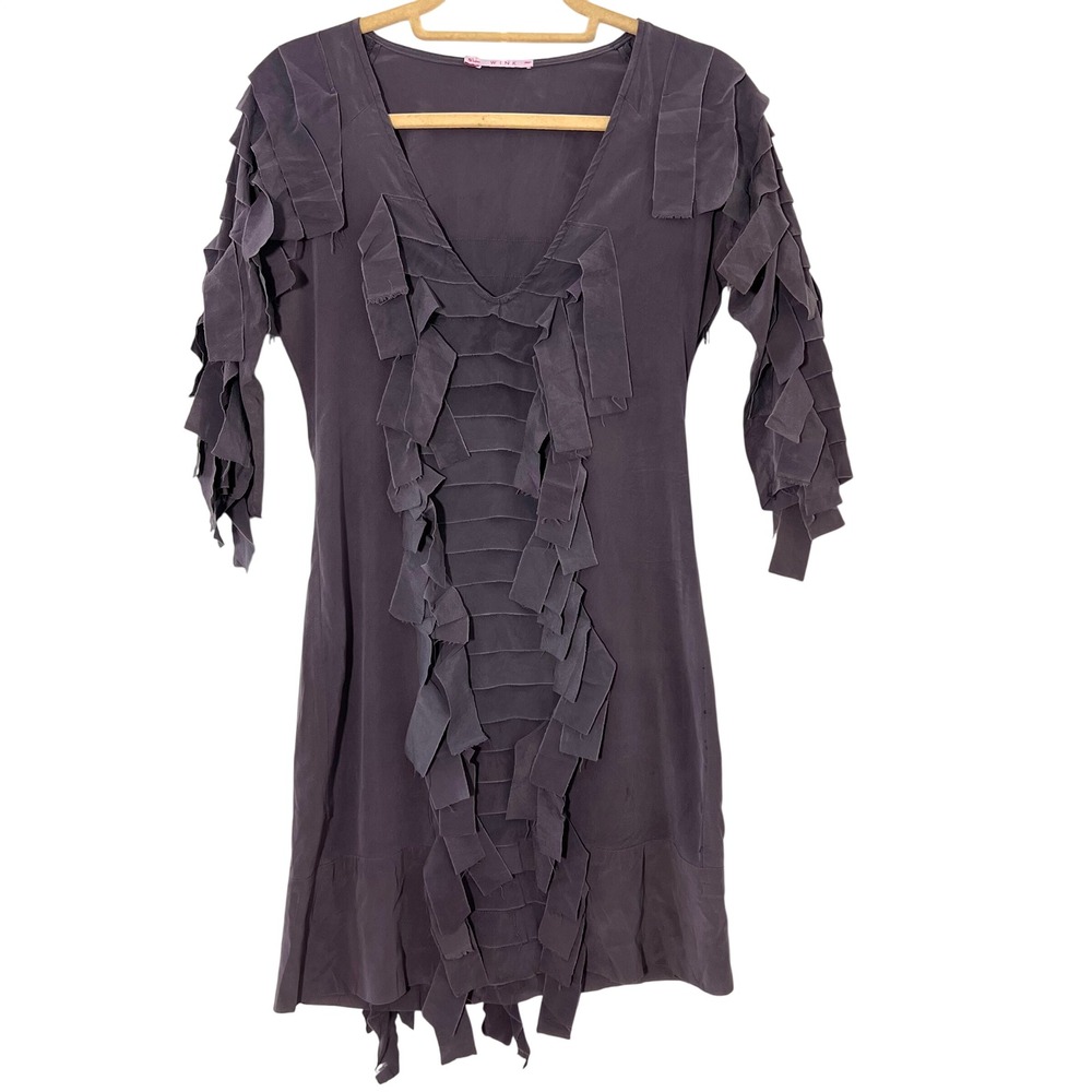 Wink 100% Silk Mini Dress Size S Purple Fringe Raw Hem Deconstructed Avant Garde
